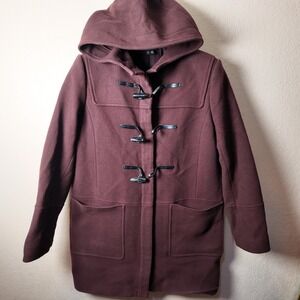 Theory Women's Burgundy Wool Cashmere‎ Blend Duffle Coat Toggle Hooded Size L